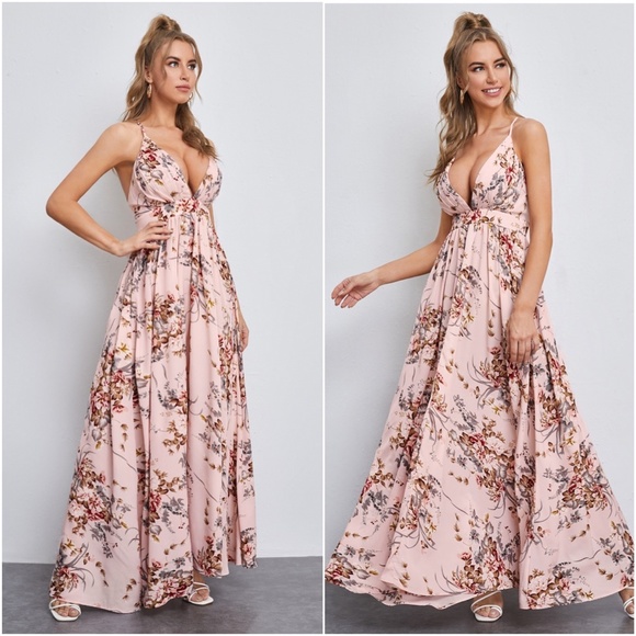 Boho Blush Pink Floral Open Back Maxi Dress Party Wedding - Picture 2 of 3